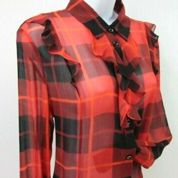 Kate Spade plaid ruffled semi-sheer blouse red black plaid size 4 - Picture 4 of 10